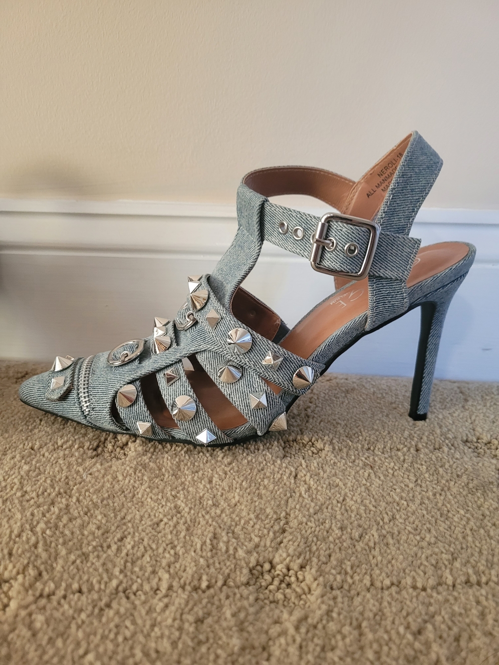Rouge Helium Light Blue Denim Studded Pointed Stiletto Sandal